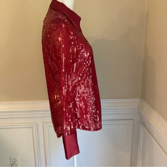 ZARA Red Sequin Long Sleeve Button Down Shirt NWT - Picture 4 of 14